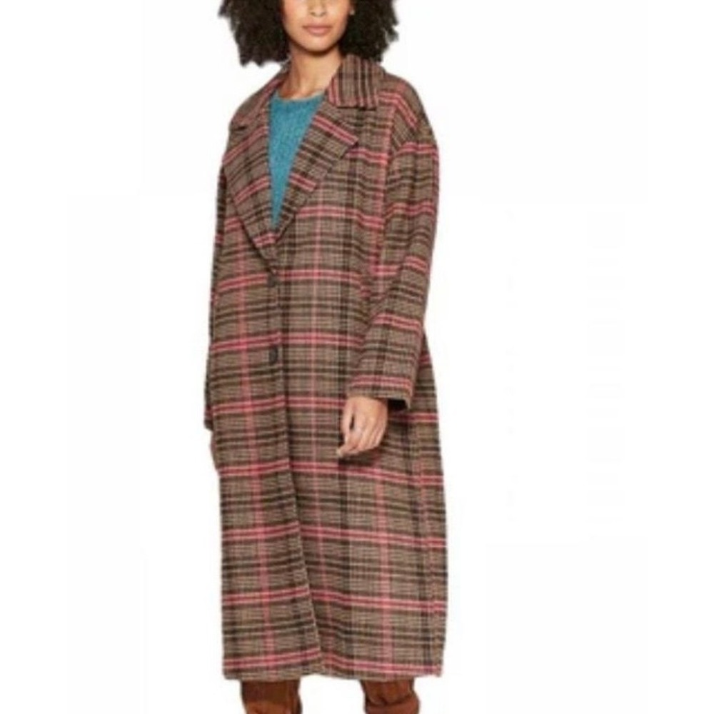 Wild Fable Oversized Plaid Long Coat Brown‎ Pink Single Breasted Women's S NWOT